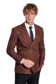 Houndstooth Patterned Brown Men Double Breasted Blazer - Wessi