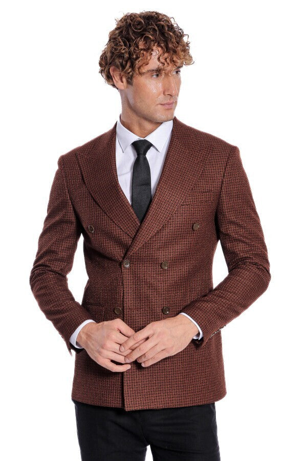 Houndstooth Patterned Brown Men Double Breasted Blazer - Wessi