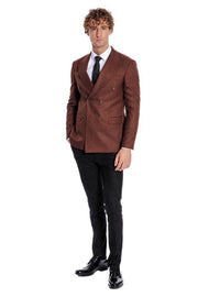 Houndstooth Patterned Brown Men Double Breasted Blazer - Wessi