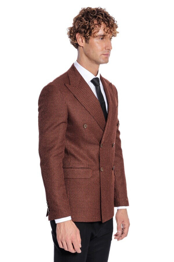 Houndstooth Patterned Brown Men Double Breasted Blazer - Wessi