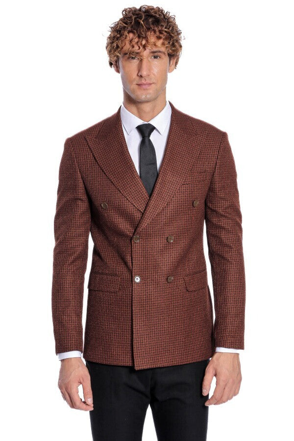 Houndstooth Patterned Brown Men Double Breasted Blazer - Wessi