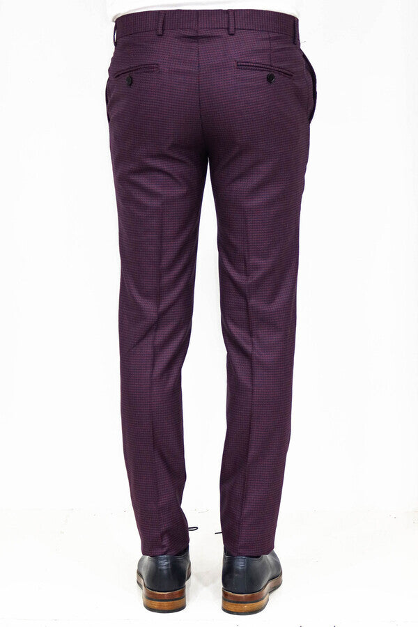 Houndstooth Patterned Burgundy Men Pants - Wessi