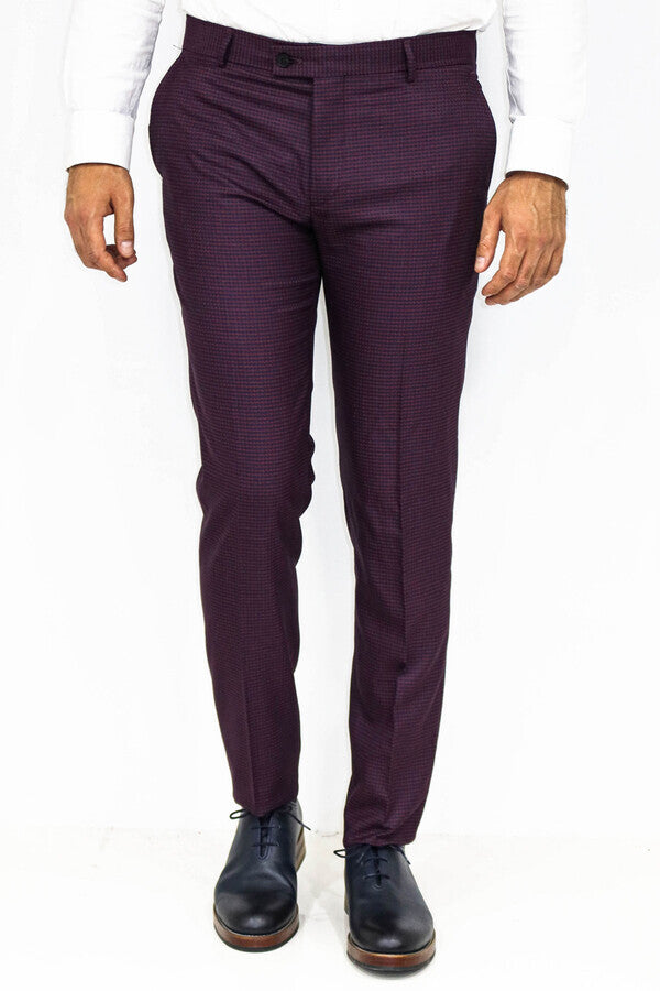 Houndstooth Patterned Burgundy Men Pants - Wessi