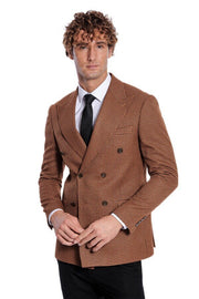 Houndstooth Patterned Tawny Men Double Breasted Blazer - Wessi