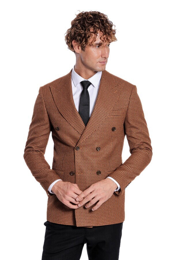 Houndstooth Patterned Tawny Men Double Breasted Blazer - Wessi