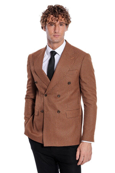 Houndstooth Patterned Tawny Men Double Breasted Blazer - Wessi