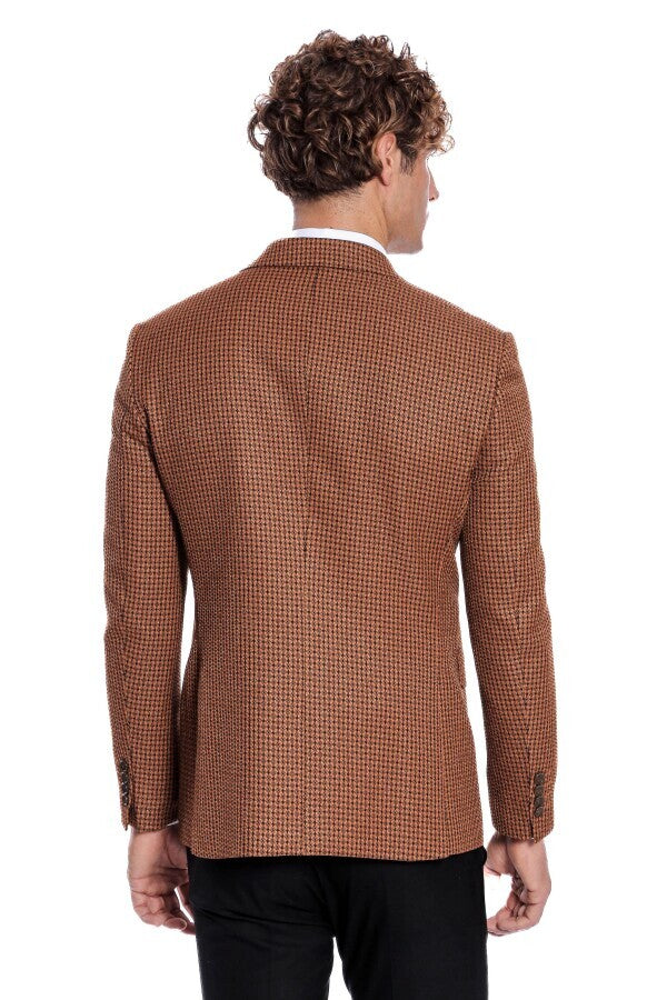 Houndstooth Patterned Tawny Men Double Breasted Blazer - Wessi