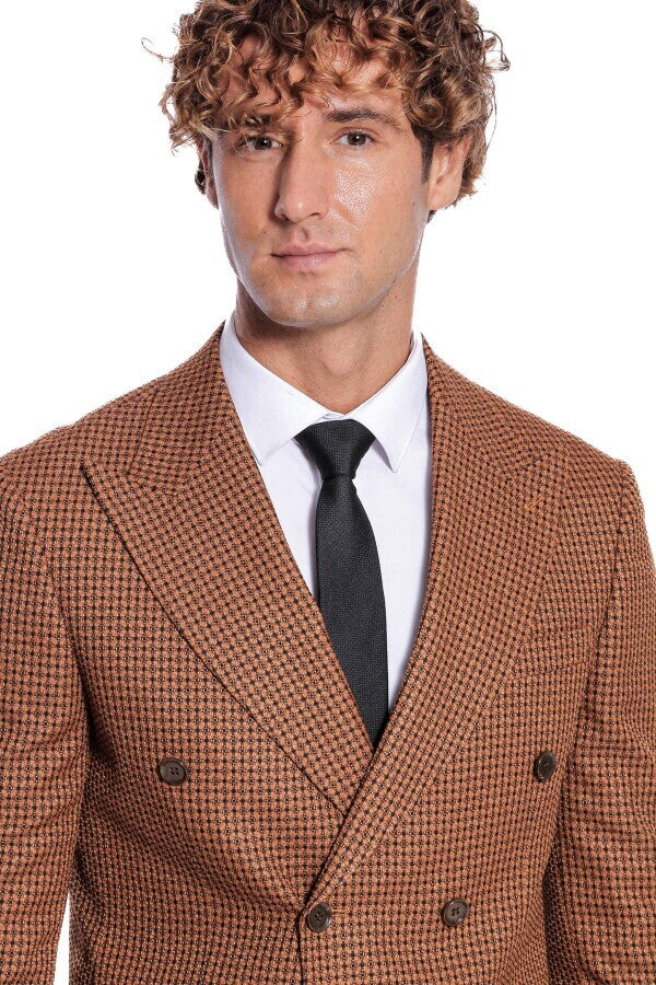 Houndstooth Patterned Tawny Men Double Breasted Blazer - Wessi