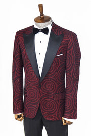 Hypnose Pattern Peak Lapel Slim Fit Burgundy Men Prom Blazer - Wessi