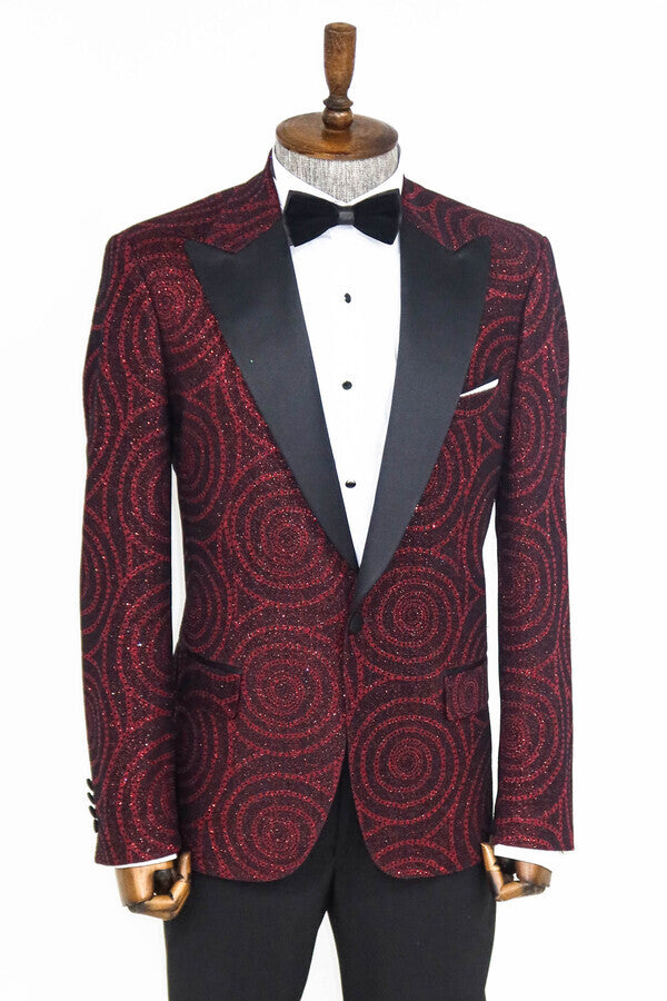 Hypnose Pattern Peak Lapel Slim Fit Burgundy Men Prom Blazer - Wessi