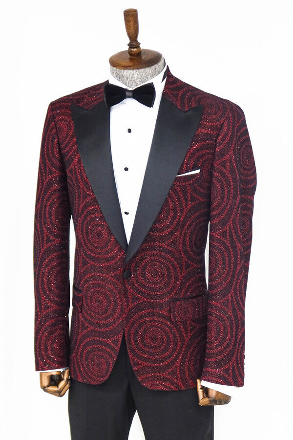 Hypnose Pattern Peak Lapel Slim Fit Burgundy Men Prom Blazer - Wessi