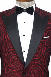 Hypnose Pattern Peak Lapel Slim Fit Burgundy Men Prom Blazer - Wessi