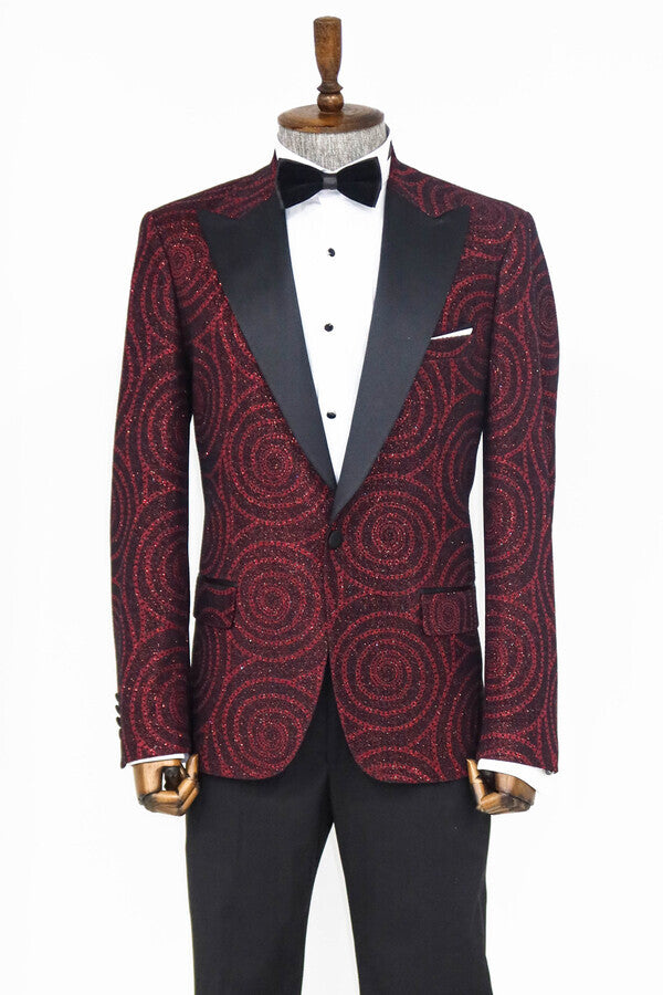 Hypnose Pattern Peak Lapel Slim Fit Burgundy Men Prom Blazer - Wessi