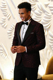 Hypnose Pattern Peak Lapel Slim Fit Burgundy Men Prom Blazer - Wessi