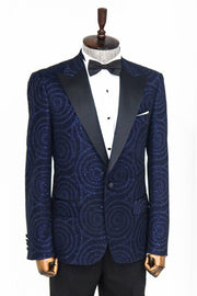 Hypnose Pattern Peak Lapel Slim Fit Navy Blue Men Prom Blazer - Wessi