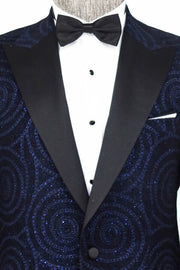 Hypnose Pattern Peak Lapel Slim Fit Navy Blue Men Prom Blazer - Wessi