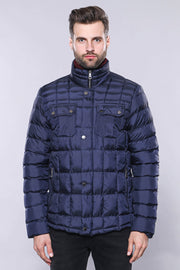 Quilted Navy Blue Men Winter Coat - Wessi