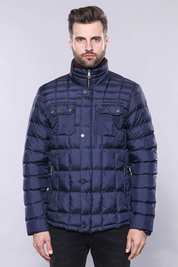 Quilted Navy Blue Men Winter Coat - Wessi