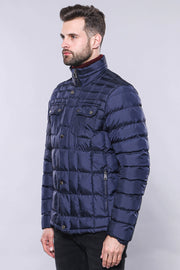 Quilted Navy Blue Men Winter Coat - Wessi