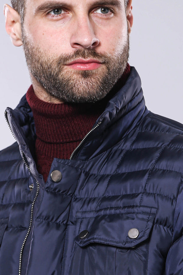 Quilted Navy Blue Men Winter Coat - Wessi