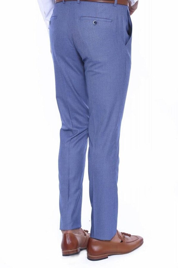 Blue Self Patterned Fabric Trouser - Wessi