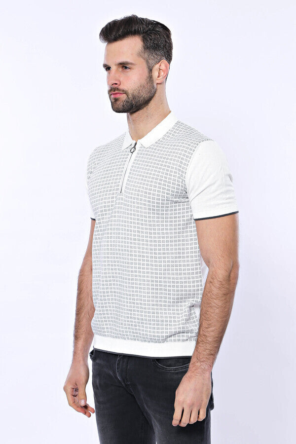 Light Grey Plaid Zippered Knitted Polo T-Shirt | Wessi