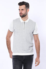 Light Grey Plaid Zippered Knitted Polo T-Shirt | Wessi