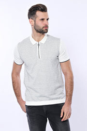 Light Grey Plaid Zippered Knitted Polo T-Shirt | Wessi