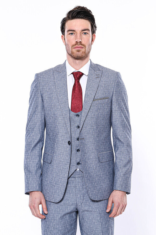 Linen Touch Blue Men's 3 Piece Suit - Wessi