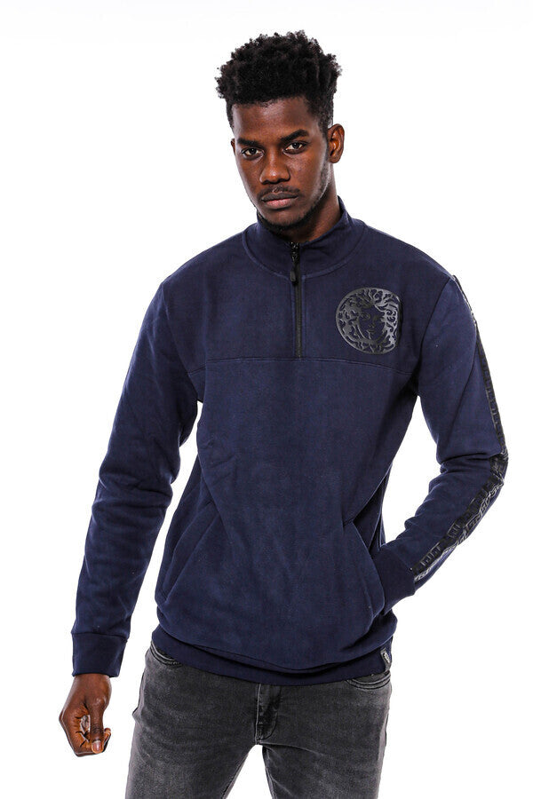 Mandarin Collar Slim Fit Navy Blue Sweatshirt - Wessi