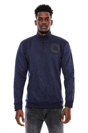 Mandarin Collar Slim Fit Navy Blue Sweatshirt - Wessi