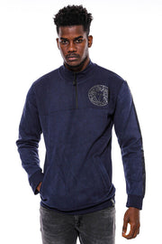 Mandarin Collar Slim Fit Navy Blue Sweatshirt - Wessi