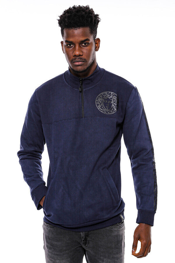 Mandarin Collar Slim Fit Navy Blue Sweatshirt - Wessi