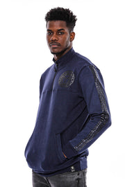 Mandarin Collar Slim Fit Navy Blue Sweatshirt - Wessi