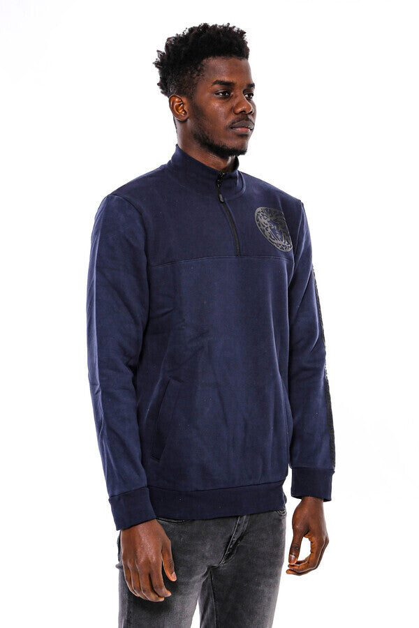 Mandarin Collar Slim Fit Navy Blue Sweatshirt - Wessi