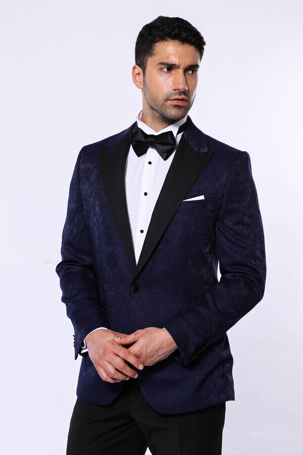 Navy Blue Patterned Party Blazer - Wessi