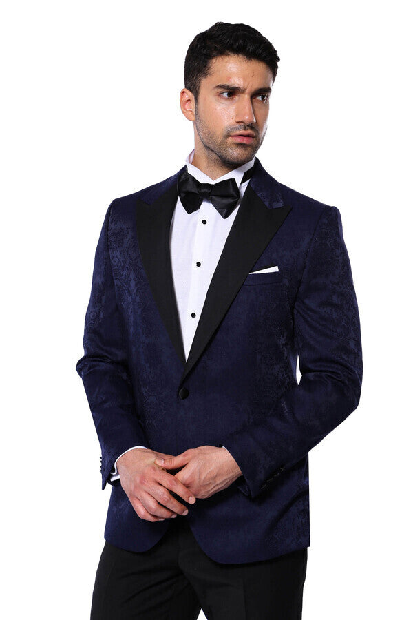 Navy Blue Patterned Party Blazer - Wessi