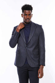 Navy Blue Patterned Slim-Fit Blazer - Wessi