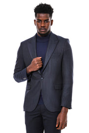 Navy Blue Patterned Slim-Fit Blazer - Wessi