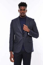 Navy Blue Patterned Slim-Fit Blazer - Wessi