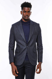 Navy Blue Patterned Slim-Fit Blazer - Wessi