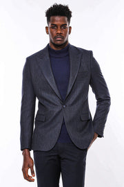 Navy Blue Patterned Slim-Fit Blazer - Wessi