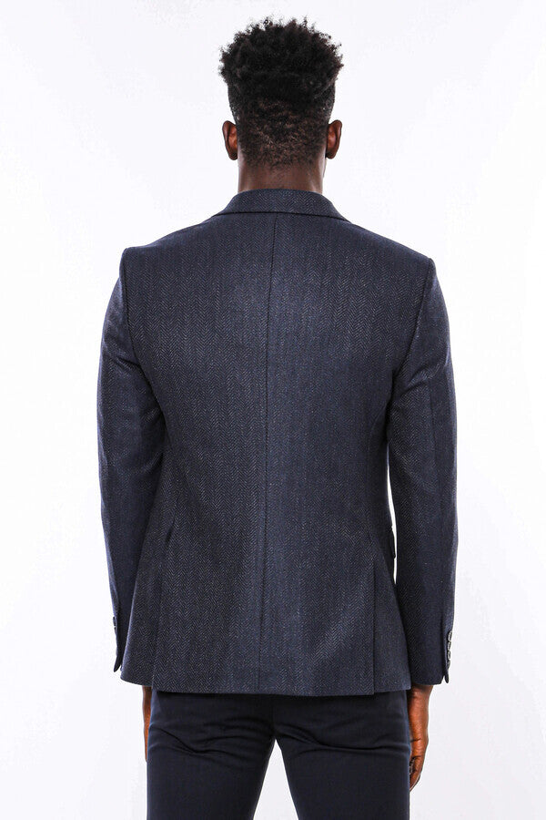 Navy Blue Patterned Slim-Fit Blazer - Wessi