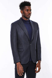 Navy Blue Patterned Slim-Fit Blazer - Wessi