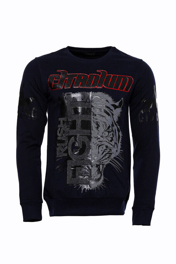 Navy Blue Patterned Slim Fit Sweatshirt - Wessi