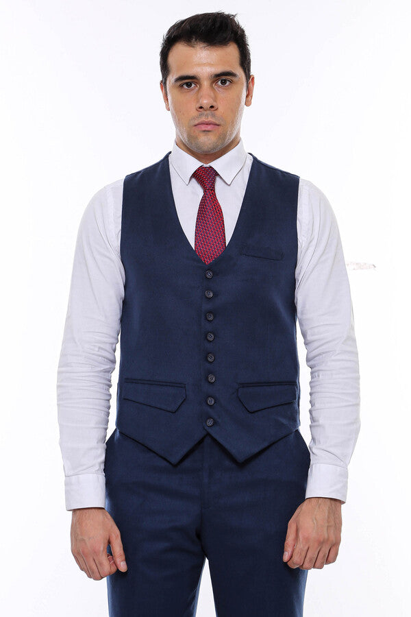 Navy Blue Plain 8 Buttoned Vest - Wessi