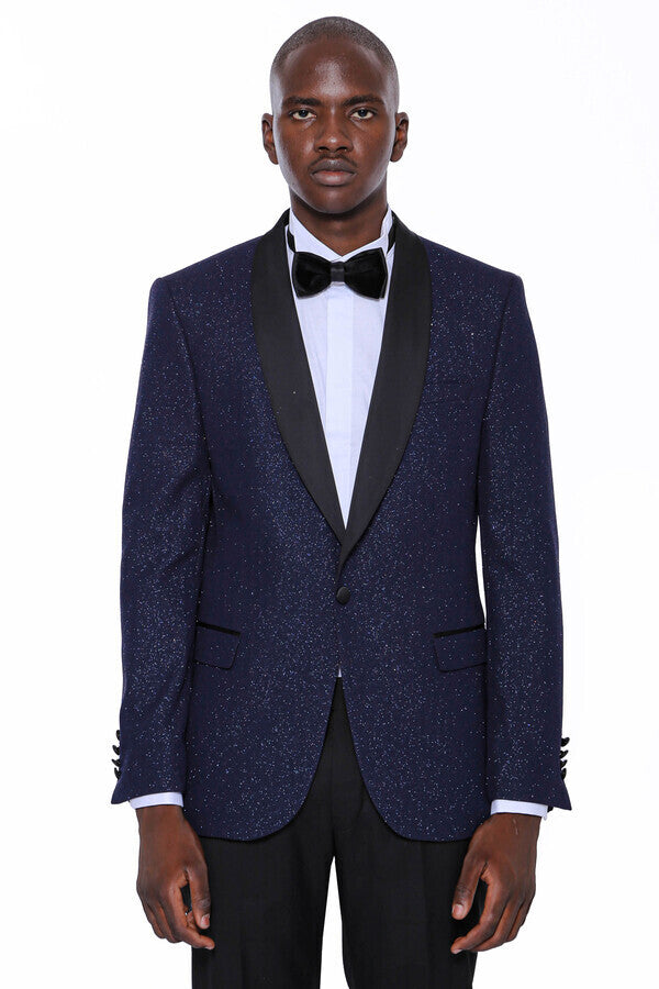 Shawl Lapel Sparkly Navy Blue Men Prom Blazer - Wessi