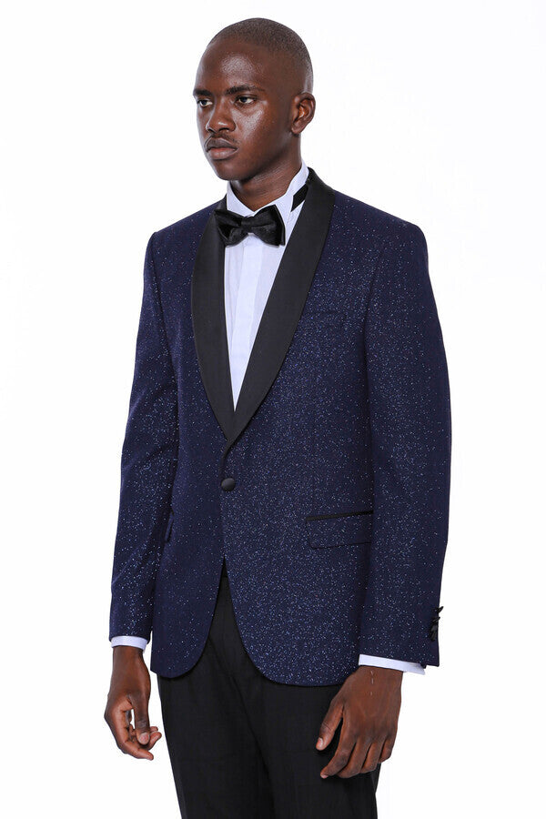 Shawl Lapel Sparkly Navy Blue Men Prom Blazer - Wessi