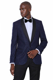 Shawl Lapel Sparkly Navy Blue Men Prom Blazer - Wessi