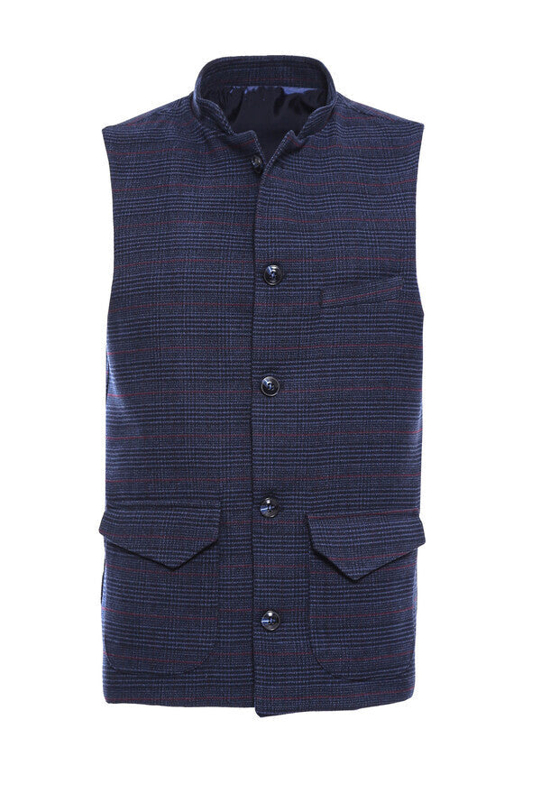 Navy Checked Mandarin Collar Cachet Vest - Wessi